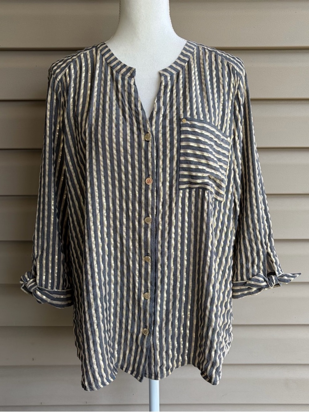 •Anne Klein• Striped Metallic Button Front Blouse - Size XL